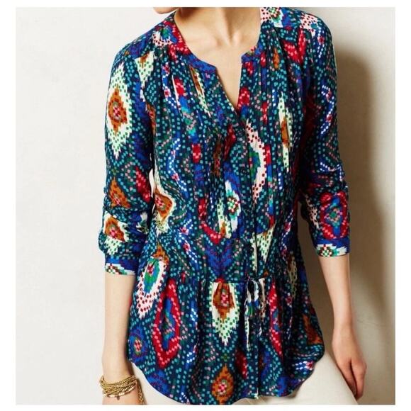 Maeve Anthropologie Womens Topoxte Geometric Drop Waist Boho Tunic Blouse Size 6 - Picture 1 of 13